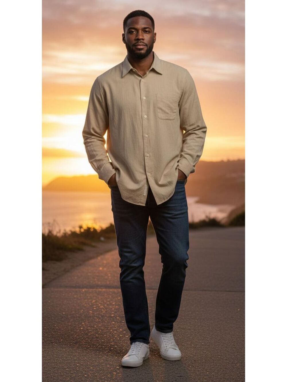 Zanzara 17 32/33 Shirt XL Dark Sand Beige Herringbone Cotton LS - Flaw